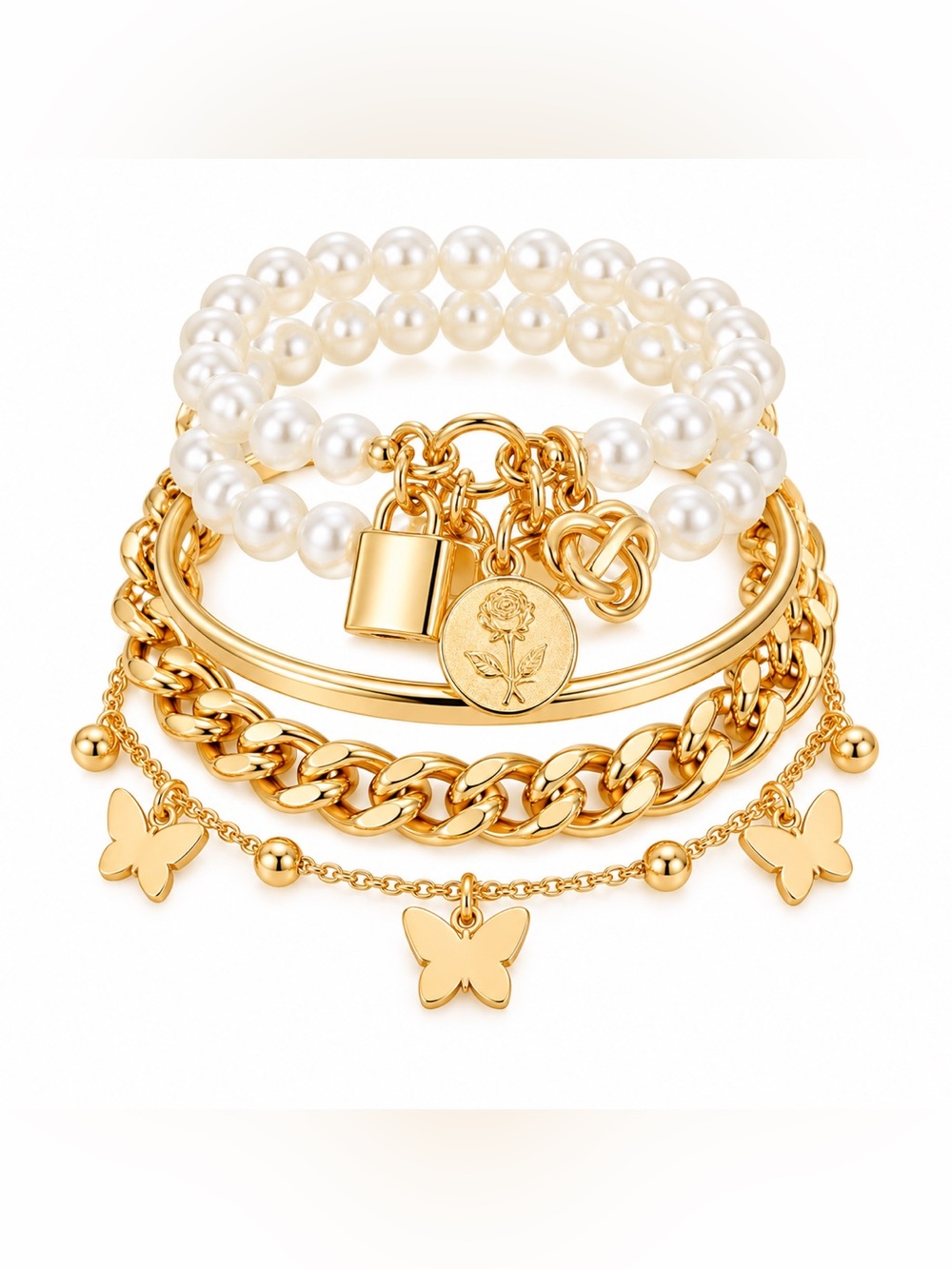 Gold and Pearl Multi-Layer Charm Bracelet - Unbranded